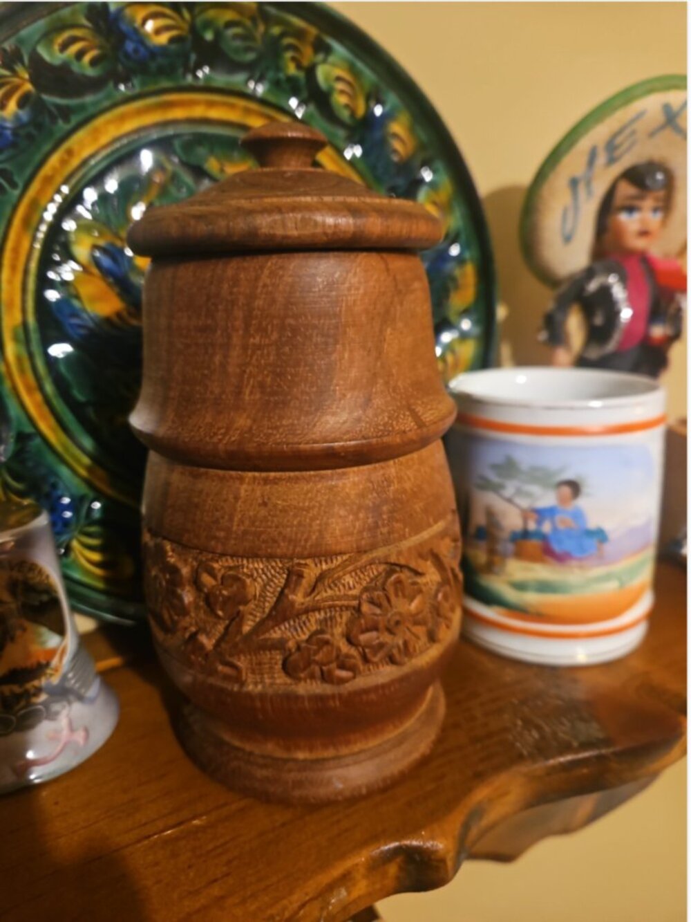 Vintage MCM 1960s Floral Carved Teak Wood Lidded Canister Jar Nirmal India 6"